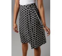 Wickelrock ANISTON SELECTED, Damen, Gr. 42, blau (marine, grau), Jersey, Obermaterial: 95% Polyester, 5% Elasthan, bedruckt, gemustert, figurumspielend knielang, Röcke Wickelrock, mit modischer Schnal