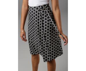 Wickelrock ANISTON SELECTED, Damen, Gr. 46, blau (marine, grau), Jersey, Obermaterial: 95% Polyester, 5% Elasthan, bedruckt, gemustert, figurumspielend knielang, Röcke Wickelrock, mit modischer Schnal