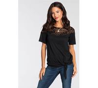 Wickelshirt LAURA SCOTT, Damen, Gr. 46, schwarz, Single Jersey, Obermaterial: 95% Viskose, 5% Elasthan. Spitze: 95% Polyester, 5% Elasthan, unifarben, figurumspielend hüftlang, Rundhals, Raglanärmel,