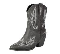 Wide Fit Cowboystiefel für Damen, Leder, schöne bestickte Nähte, Westernstiefel, klassisch, Vintage, Chelsea-Stiefel, Übergröße, niedriger Absatz, bequem, warm, Winterstiefel, grau, 38 EU
