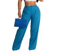 Wide Leg Hose Damen, Damen-Hose Aus Baumwollleinen Mit Weitem Bein Modisch Einfarbig Mit Reißverschluss Vorne Palazzo-Hose Mit Hoher Taille Sommer Elegant Lässig Bürohose Gerades Bein Hose Blau XXL