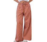 Wide Leg Pants Damen High Waist Striped Wide Leg Pants Woman Casual Drawstring Elastic Waist Pants Baggy Pants Comfy Loose Trousers W/Pockets Pants Damen Hose (Red, XL)