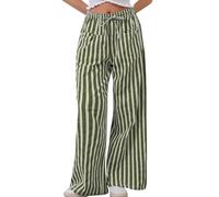 Wide Leg Pants Damen High Waist Striped Wide Leg Pants Woman Casual Drawstring Elastic Waist Pants Baggy Pants Comfy Loose Trousers W/Pockets Pants Damen Hose (GN1, L)