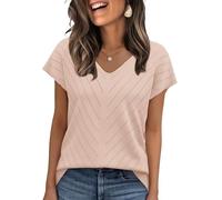 WIHOLL Pullover Damen Kurzarm Sommer Elegant T Shirt Leicht V-Ausschnitt Stretch Oberteile Basic Strickpullover Tops Aprikose M
