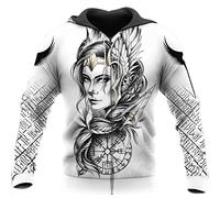Wikinger Kapuzenpullover 3D-Druck Göttin Freya Vegvisir zur Seite Fahren, Unisex Weiß Beiläufig Lange Ärmel Harajuku Strassenmode Sweatshirt,Zipper,L