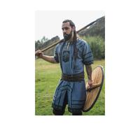 Wikinger Kurzarm Tunika mit Echtleder Applikationen - blaugrau L