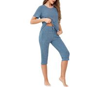 Wikoan Capri Pyjamas Set für Frauen Gerippt Sommer Kurzer Schlafanzug Tops und 3/4 Hosen 2 Stück Outfits Loungewear mit Taschen Kordelzug Kobaltblau XXL