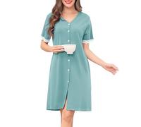Wikoan Damen Nachthemd Kurzarm Baumwolle Still Nachthemden mit Knöpfe Nachtwäsche Schlafshirt Sommer Sleepshirt Schlafhemd Hellgrün M
