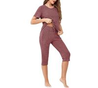 Wikoan Damen Pyjama Sommer Rippen Kurzer Schlafanzug Shorty Nachtwäsche Kurzarm T Shirt und 3/4 Hose Schlafanzüge Hausanzug Burgunderrot XXL