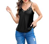 Wikoan Damen Satin Tank Tops Ärmellose Blusentop Basic Cami Sommer Lässige Spitzen V-Ausschnitt Top Spaghettiträger Damen Oberteile Seidentop Schwarz L
