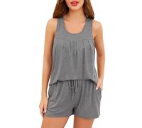 Wikoan Damen Schlafanzug Sommer Pyjama Set Weicher Rundhals Shorty Pyjama Kurz Nachtwäsche Sexy Schlafanzüge für Damen Hausanzug Grau L