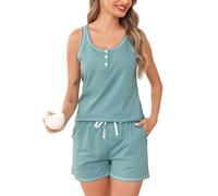 Wikoan Kurzer Schlafanzug Damen Baumwolle Pyjama Ärmellos Zweiteiliger Shorty Pyjama Set Nachtwäsche Frauen Sommer Sexy V-Ausschnitt mit Knöpfen Hellgrün S
