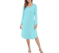 Wikoan Langarm Nachthemd Damen Elegant Schlafshirt Weich Schlafkleid Langes Nachthemden Nachtwäsche Nachtkleid Hauskleid Damen Winter Himmelblau M