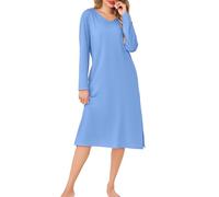 Wikoan Langarm Nachthemd Damen Lang Baumwolle Nachthemden & Schlafshirt Weich Sleepshirt Nachtwäsche mit Taschen für Winter Blau M