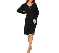 Wikoan Langarm Nachthemd Damen Winter Nachtkleid Lang Nachthemden für Damen mit Knopfleiste V-Ausschnitt Nachtwäsche Sleepshirt mit Taschen Schwarz M