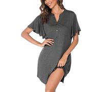 Wikoan Nachthemd Damen Baumwolle Schlafshirt Damen Kurz Knopfmit V-Ausschnitt Stillnachthemd Sommer für Frauen Rüschen Nightdress Dunkel Grau S