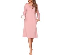 Wikoan Nachthemd Langarm Damen Nachthemden Baumwolle Schlafshirt Rundhals Nachtwäsche Winter Stillnachthemd Sleepshirt mit Taschen Rosa M