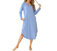 Wikoan Nachthemden für Damen Langarm V-Ausschnitt Schlafshirt Lang Winter Stillnachthemd Baumwolle Sleepshirt Lässig Schlafhemd mit Taschen Hellblau M