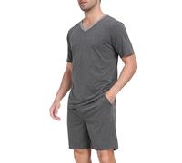 Wikoan Pyjama Herren Kurz Weicher Baumwolle Schlafanzug Sommer V-Ausschnitt Shorty Pyjama Set mit Kurze Hosen Nachtwäsche Anthrazitgrau L