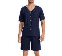 Wikoan Schlafanzug Baumwolle Herren Kurz Pyjama mit Knopfleiste Weiche Nachtwäsche Sommer Schlafanzüge für Herren Zweiteiler Pyjamas Marineblau M