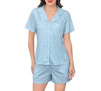 Wikoan Schlafanzug Damen Kurz mit Knopfleiste Baumwolle Pyjama Damen Sommer Kurzarm Schlafanzüge Sleepshirt Zweiteiler Nachtwäsche Grün-weiße Blume XL