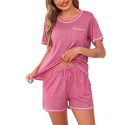 Wikoan Schlafanzug Damen Sommer Pyjama Baumwolle Weicher Rundhals Nachtwäsche Kurz Shorty Schlafanzüge Loungewear Hausanzug für Damen Rosarot S