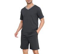 Wikoan Schlafanzug Herren Sommer Pyjama Baumwolle Weicher Nachtwäsche Kurz V-Ausschnitt Shorty Pyjama Set für Männer Schlafanzüge Dunkelgrau XL