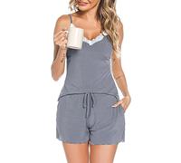Wikoan Sexy Schlafanzug Frauen Zweiteiliger Pyjama Damen Kurz V-Ausschnitt Pyjama Set Sommer Hausanzug Damen Nachtwäsche A-Hellgrau S