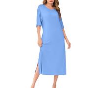 Wikoan Sommer Damen Nachthemd Große Größen Nachthemden Lang Sleepshirt Kurzarm Oversize Lounge Kleid Nachtwäsche mit Taschen Hellblau M