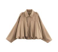 Wildlederjacke Damen Kurz Casual Übergangsjacke Bomberjacke mit Zip Tasche Streetwear Wildlederimitat Jacke für Frühling Herbst Elegante Winterjacke