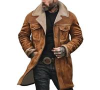 Wildlederjacke für Herren, Lederjacke, Retro, Arbeit, Business, langer, winddichter Mantel mit Taschen, einfarbig, Outdoor, lässiger Mantel, Winter, warm, Oberbekleidung, Reitmantel, gelb, L