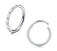 WillTen 2PCS Scharnier Nasenring Piercing, 16G 8mm Septum Piercing Silber Chirurgenstahl mit Diamant Scharnier Clicker Segment Nase Ringe Knorpel Helix Tragus Conch Rook Piercing Schmuck für Frauen