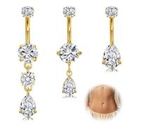 WillTen 3Pcs Bauchnabelpiercing Gold Chirurgenstahl, 14G 10mm Dangly Nabel Ringe Bauchnabel Piercing für Frauen, Klare CZ Teardrop Herz Baumelnden Bauch Knopf Schmuck