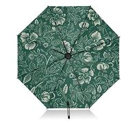 Winddichter Kompakter Regenschirm Vintage Grün Blumen Reverse Reise Regenschirm für Regen Sonne Zusammenklappbar 8 Rippen Großer UV Regenschirm Automatisch für Frauen Männer