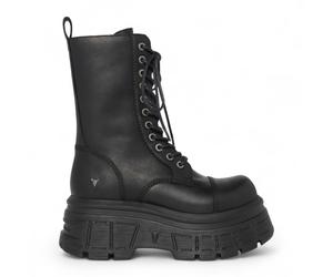 Windsorsmith Damen Schwarze, wadenlange Bikerstiefel aus Leder mit Plateausohle - Screaming EU 40,5 / UK 7