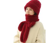 (Wine Red)Ladies Winter Hat Knitted Thick Solid Color Double-layered Windproof Warm Soft Ear Protection Elastic Anti-slip Beanie Scarf Combo Women Cap