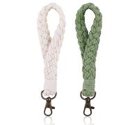 WINKIO Schlüsselanhänger kurz Lanyard, 2 Stück Schlüsselband Weicher Makramee Armband Schlüsselband Boho Handmade Wrist Lanyard Keychain Geschenke für Mama & Schwestern & Freunde (Weiß+Grün)