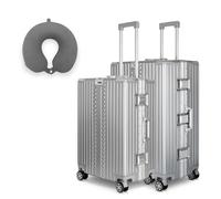 WINLIFE SPARSET L+XL Reisekoffer Alu-Rahmen mit ABS + Anthrazit Nackenkissen & TSA Nummern-Schloss Checkin-Trolley L(65cm) + XL Koffer(75cm) Hartschalenkoffer | Silber