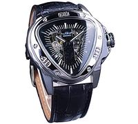 Winner Fashion Herren Armbanduhr, mechanisch, dreieckig, wasserdicht, Skelett-Zifferblatt, goldfarbenes Zifferblatt, automatisches Uhrwerk, Leder, mechanische Armbanduhr, Silber, Mechanisch