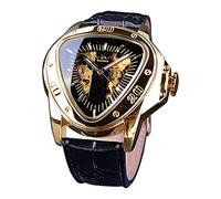 Winner Fashion Mechanische Armbanduhr für Herren, dreieckiges Rennsportzifferblatt, wasserdicht, goldenes Skelettzifferblatt, automatisches Uhrwerk, Lederdesign, Schwarz / goldfarben