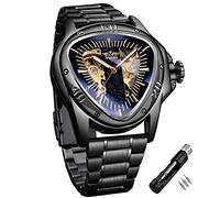 Winner Fashion Mechanische Armbanduhr für Herren, dreieckiges Rennsportzifferblatt, wasserdicht, goldenes Skelettzifferblatt, automatisches Uhrwerk, Lederdesign, Schwarz-L