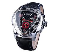 Winner Fashion Mechanische Armbanduhr für Herren, dreieckiges Rennsportzifferblatt, wasserdicht, goldenes Skelettzifferblatt, automatisches Uhrwerk, Lederdesign, Schwarz Rot