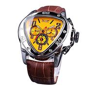 Winner Fashion Mechanische Armbanduhr für Herren, dreieckiges Rennsportzifferblatt, wasserdicht, goldenes Skelettzifferblatt, automatisches Uhrwerk, Lederdesign