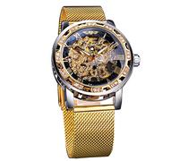 Winner Retro Manuelle Mechanische Skelettuhr mit Diamant und Schnitzblumen-Handwerk Herren Skelett-Armbanduhr Mechanisch Klassisch Römische Ziffern, Goldfarben, Mechanisch