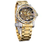 Winner Retro Manuelle Mechanische Skelettuhr mit Diamant und Schnitzerei Blume Handwerk Männer Skelett Armbanduhr Mechanische Klassische Römische Zahl, Gold1, Mechanisch