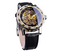 Winner Retro Manuelle Mechanische Skelettuhr mit Diamant und Schnitzerei Blume Handwerk Männer Skelett Armbanduhr Mechanische Klassische Römische Zahl, Schwarz / goldfarben, Skelett-Armbanduhr