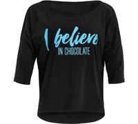 Winshape Damen Ultra leichtes Modal-3/4-Arm Shirt MCS001 mit neon blauem „I Believe in Chocolate” Glitzer-Aufdruck, Dance Style, Fitness Freizeit Sport Yoga Workout, Schwarz-neon-blau-Glitzer, XL