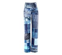 WINSHAPE Damen Functional Comfort Wide Leg Pants Cul105c “high Waist” Im Jeans Print Trainingshose, Patchwork Blue, S EU