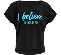 WINSHAPE Damen Ultra leichtes Modal-Kurzarmshirt MCT002 mit neon blauem „I Believe in Chocolate” Glitzer-Aufdruck, Dance Style