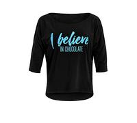 Winshape Damen Ultra leichtes Modal-3/4-Arm Shirt MCS001 mit neon blauem „I Believe in Chocolate” Glitzer-Aufdruck, Dance Style, Fitness Freizeit Sport Yoga Workout Schwarz-neon-blau-Glitzer M
